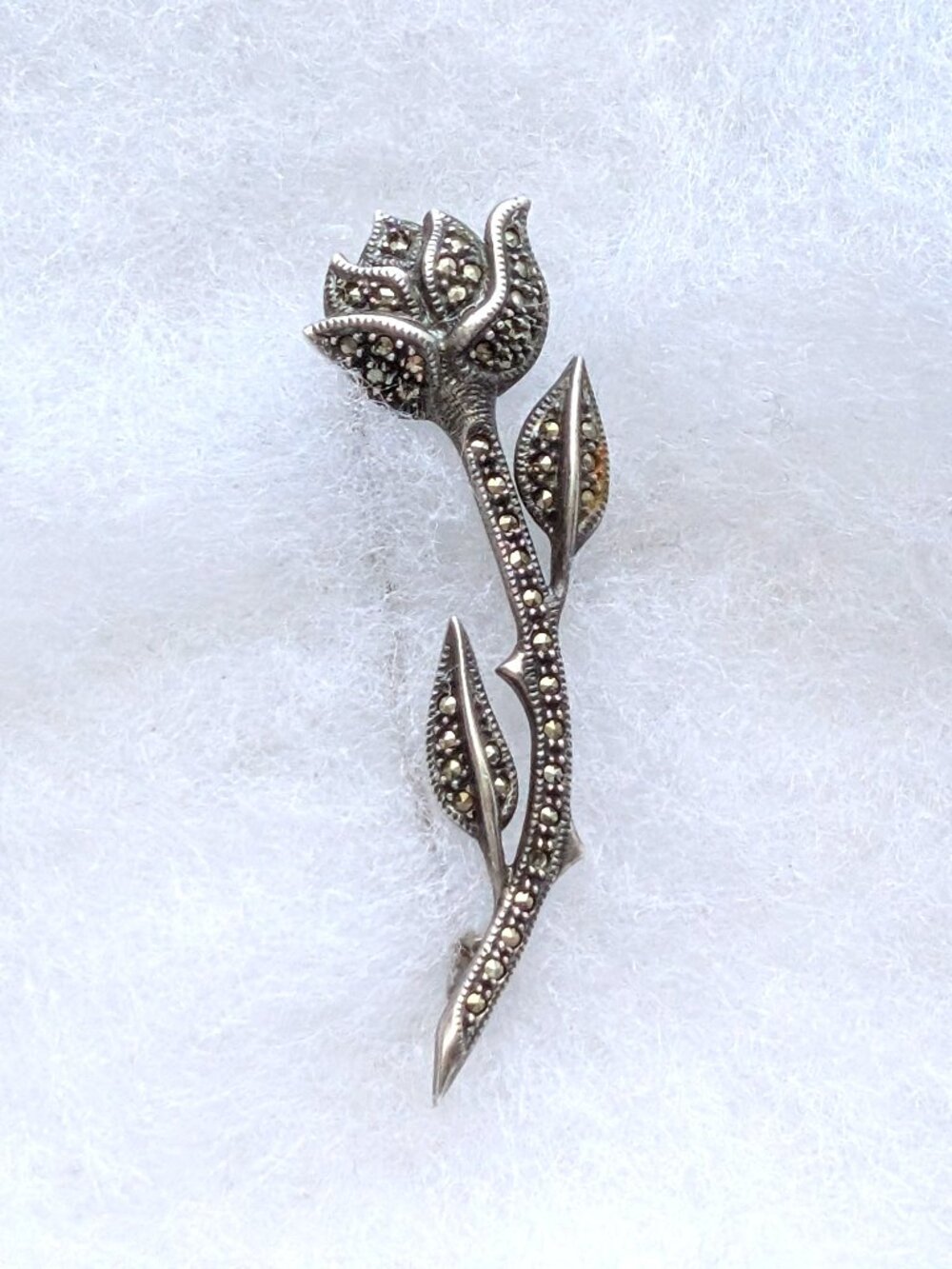 Beautiful Vintage Sterling Silver Marcasite Rose Flower Brooch Pin